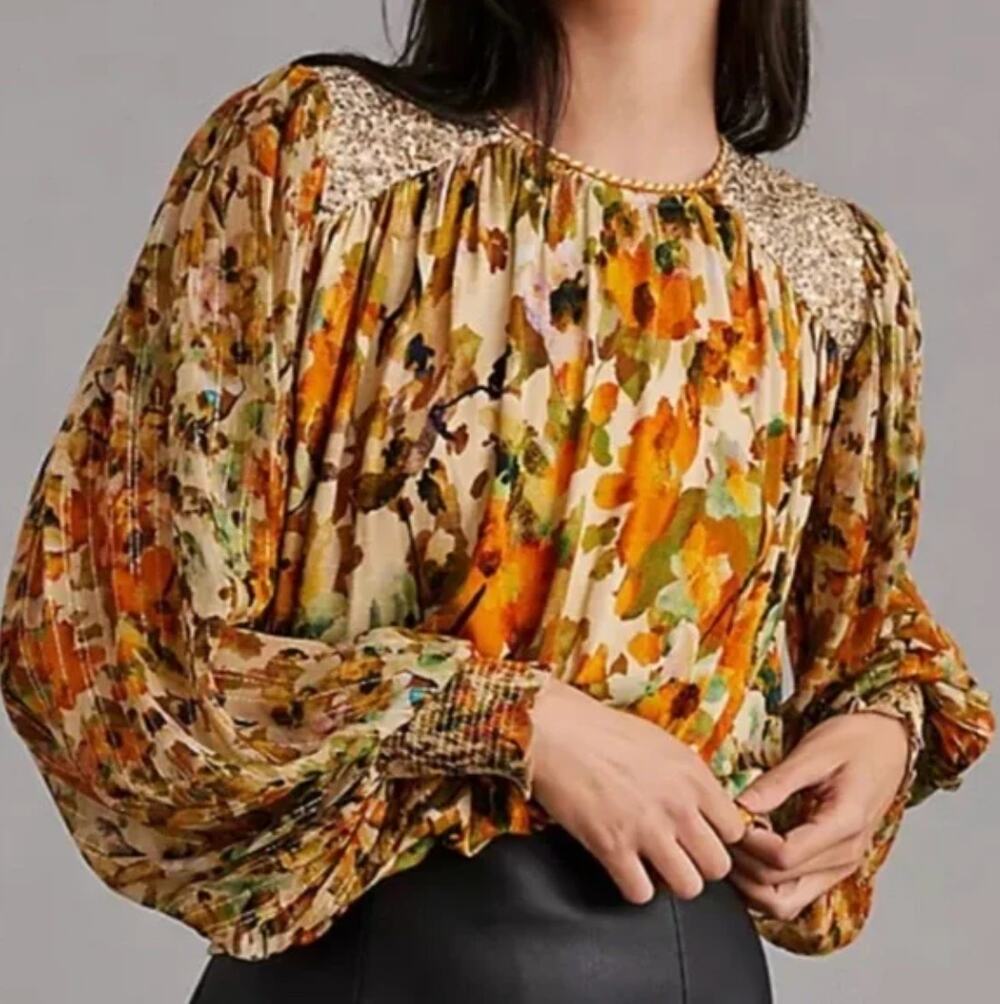 BL-NK LONDON x Anthropologie Sequin-Embellished Small Yellow Gold Blouse Floral